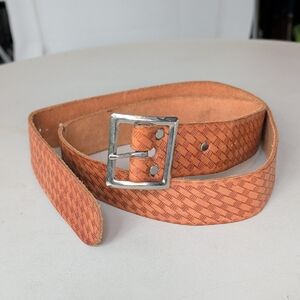 CLC Top Grain Cowhide Woven Pattern Brown Leather Belt Silver Buckle 50" Length